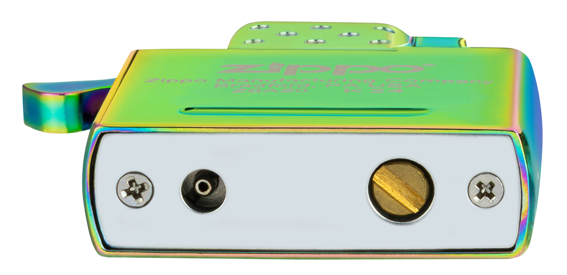 Bottom view of Zippo Yellow Flame Butane Insert - Green/Spectrum/Iridescent.