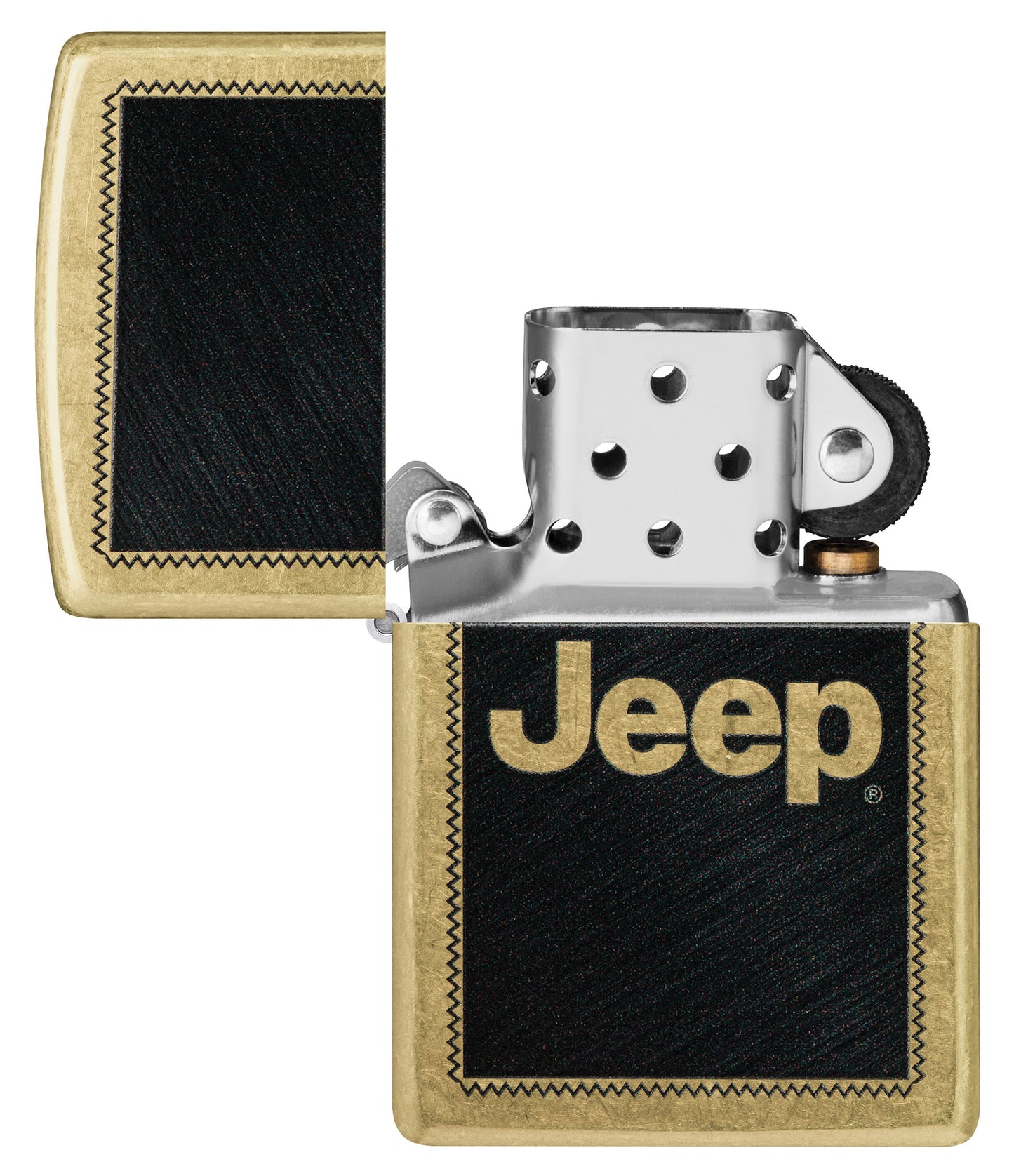 Zippo Jeep Stamp Design Regular Street Brass Windproof Lighter with its lid open and unlit.