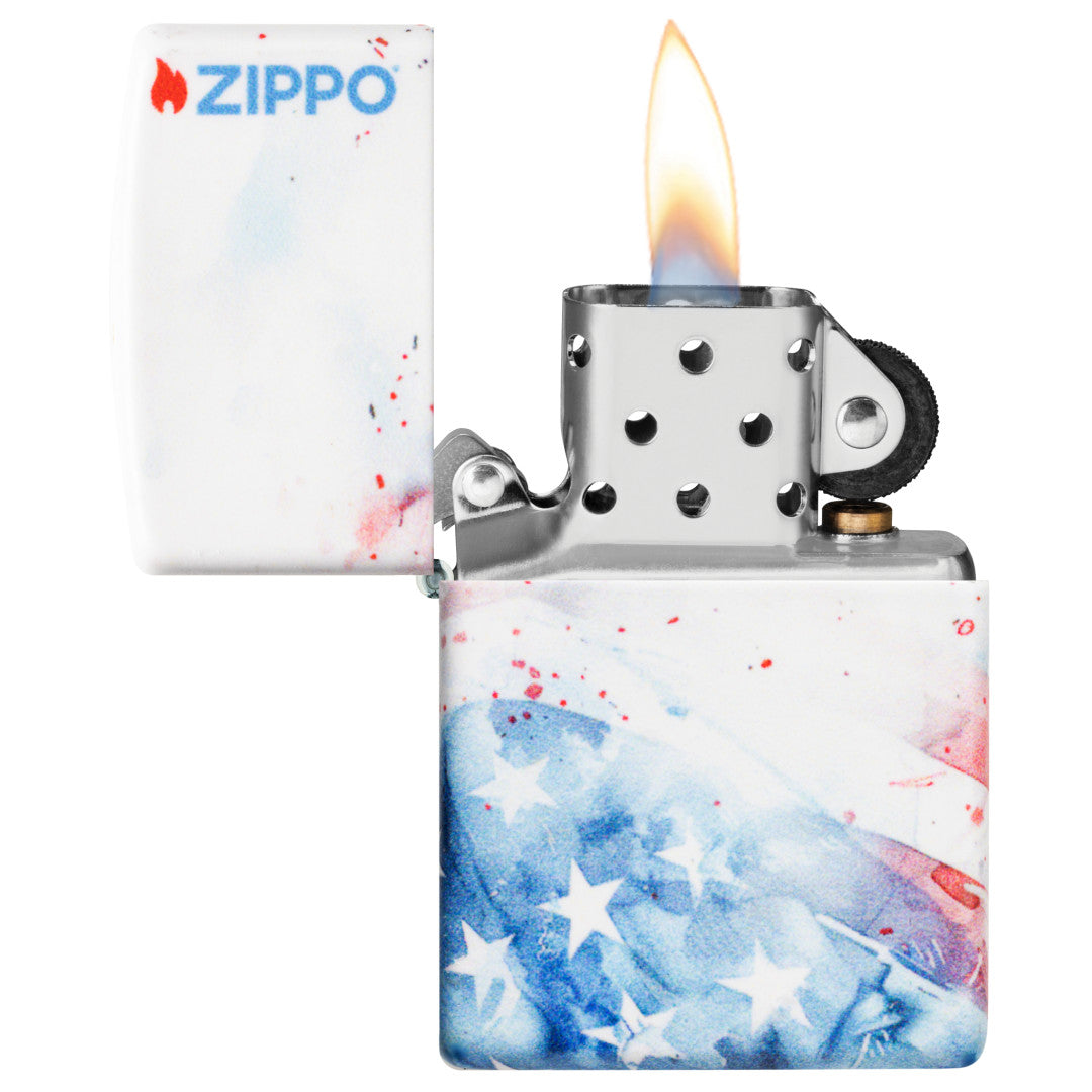 Zippo Watercolor Flag Design 540 Matte Windproof Lighter with its lid open and lit.