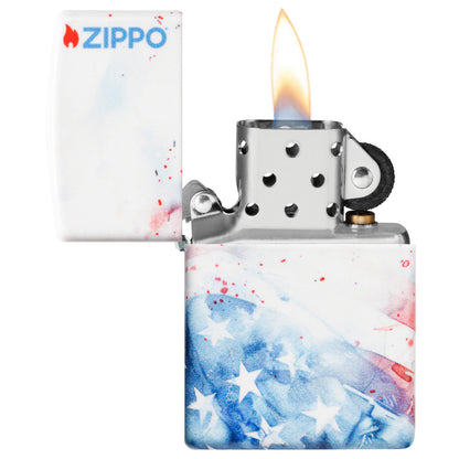 Zippo Watercolor Flag Design 540 Matte Windproof Lighter with its lid open and lit.