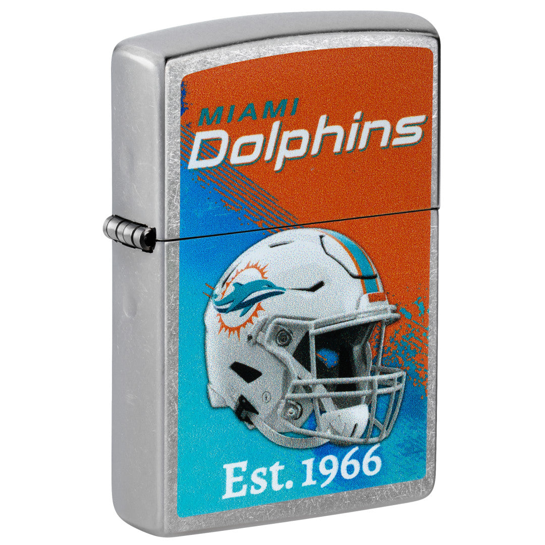 Front shot of Zippo NFL Miami Dolphins Helmet Design Street Chrome Windproof Lighter standing at a 3/4 angle.