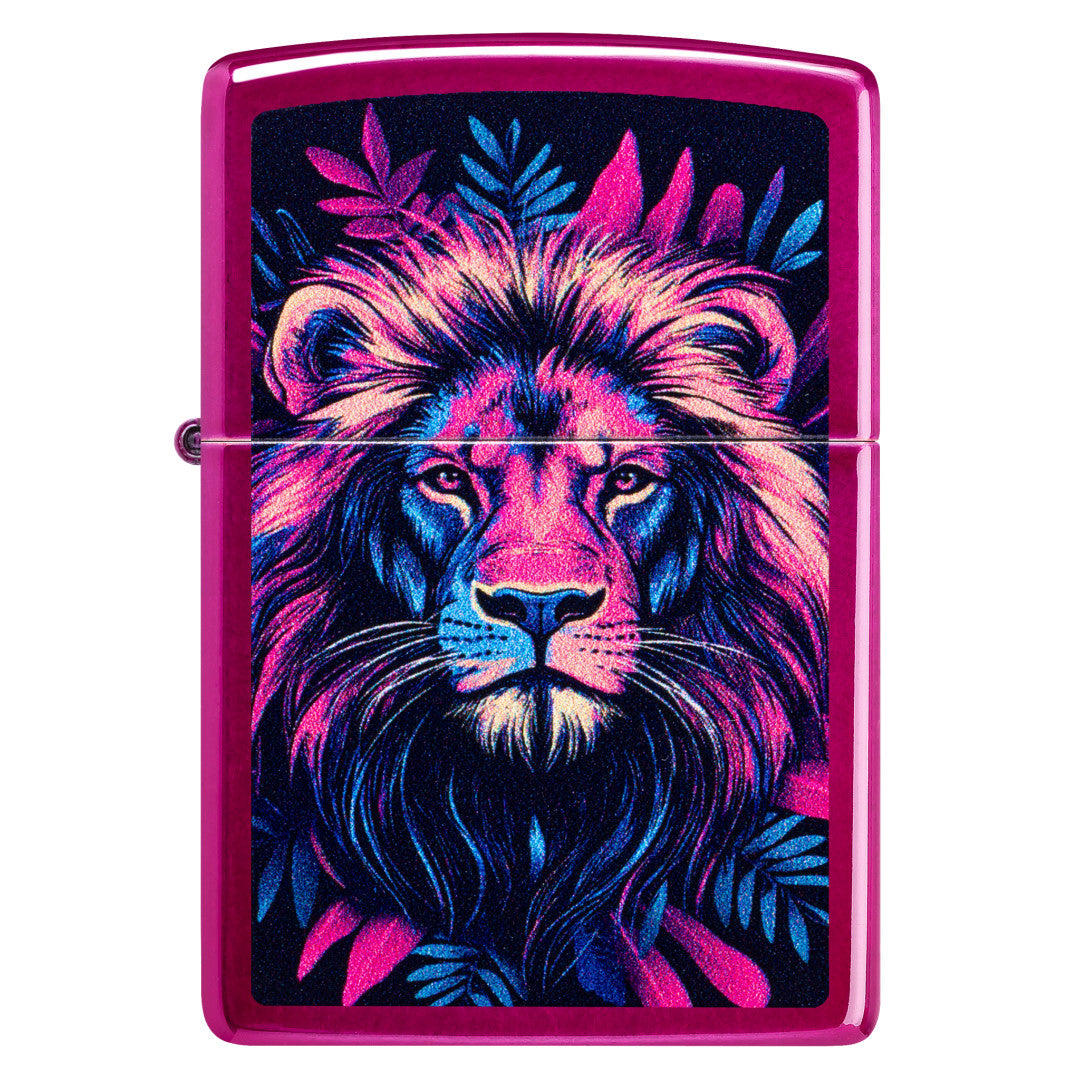 Front view of Zippo Multicolor Lion Design Candy Raspberry Windproof Lighter.