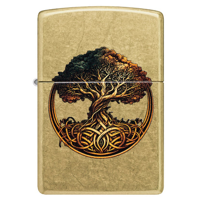 Front view of Zippo Knotted Tree of Life Design Street Brass Windproof Lighter.