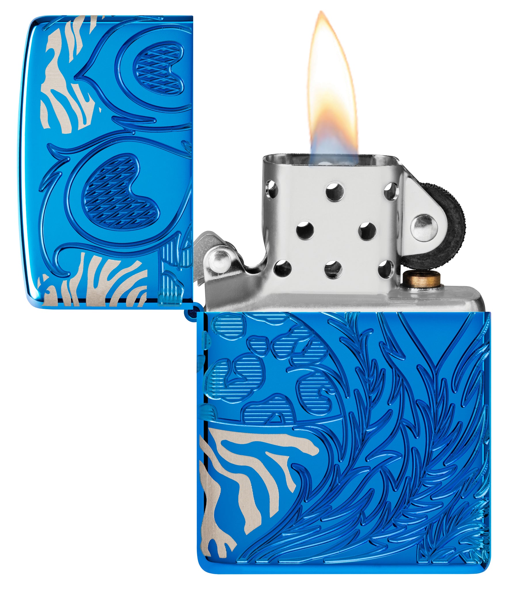 Zippo Animal Flair Design Armor® High Polish Blue Windproof Lighter with its lid open and lit.