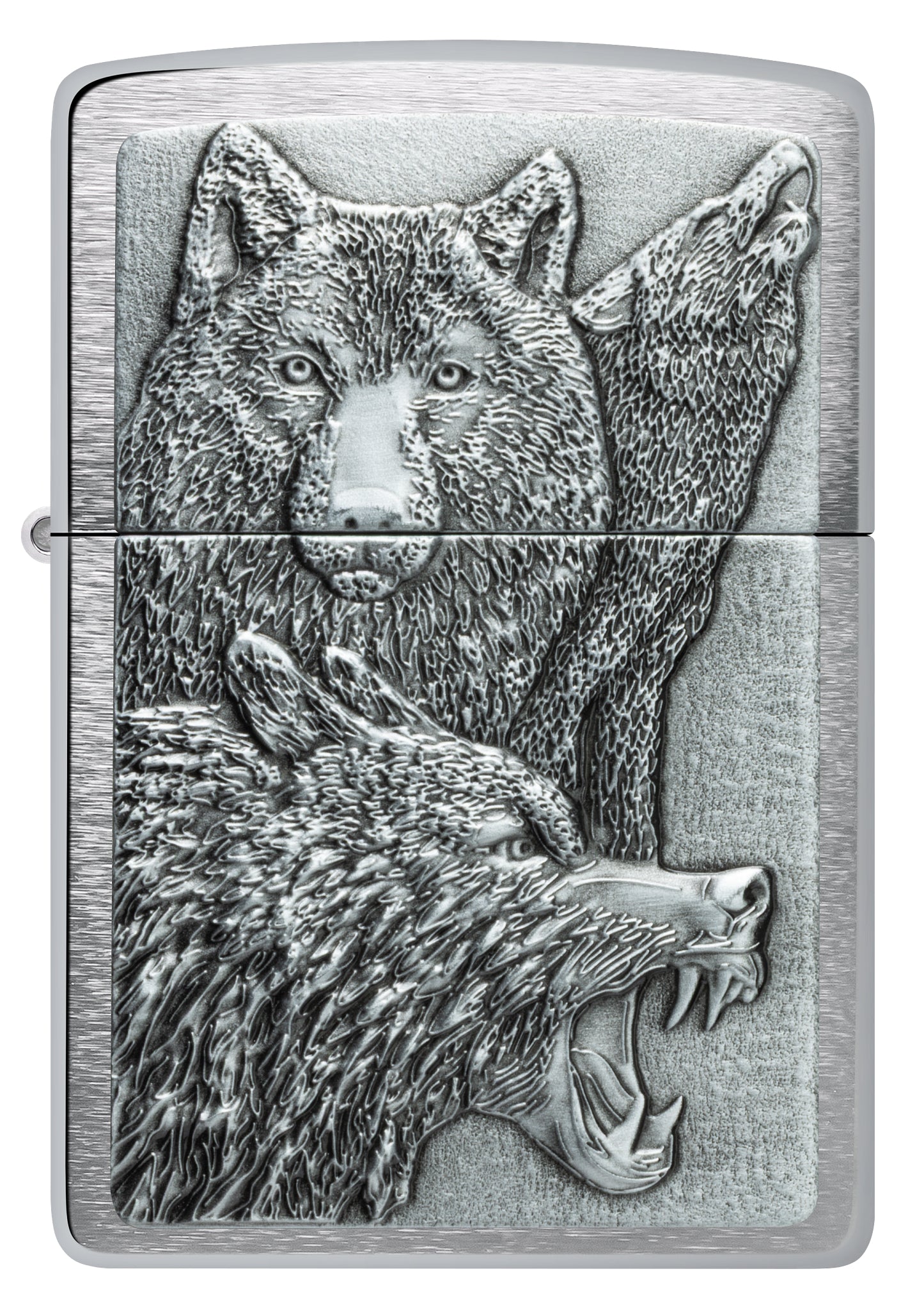 Front view of Zippo Wolf Pack Emblem Brushed Chrome Windproof Lighter.