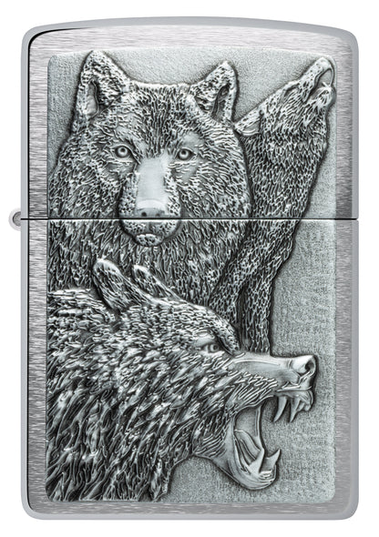 Front view of Zippo Wolf Pack Emblem Brushed Chrome Windproof Lighter.