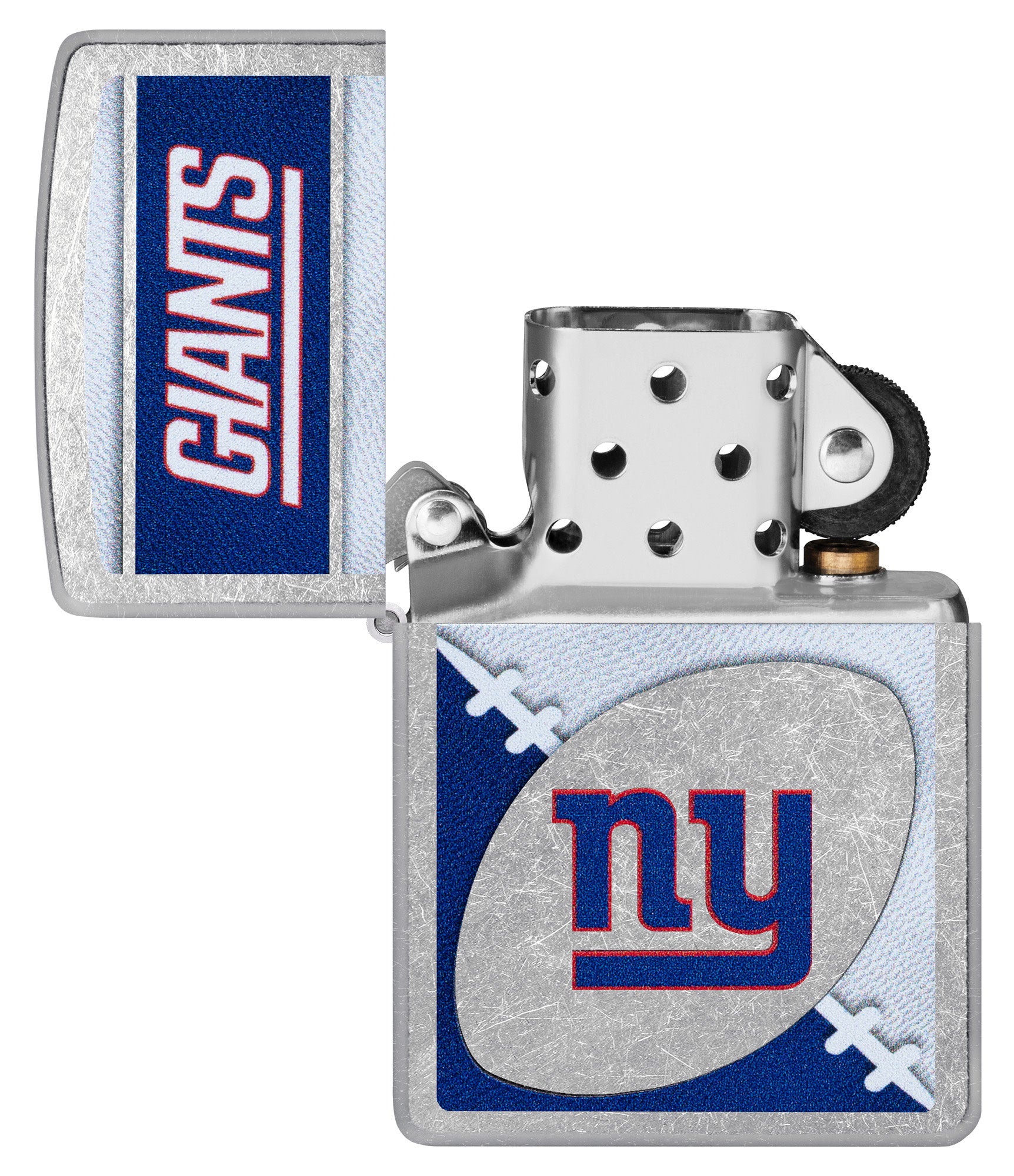 Zippo NFL New York Giants Street Chrome Windproof Lighter with its lid open and unlit.