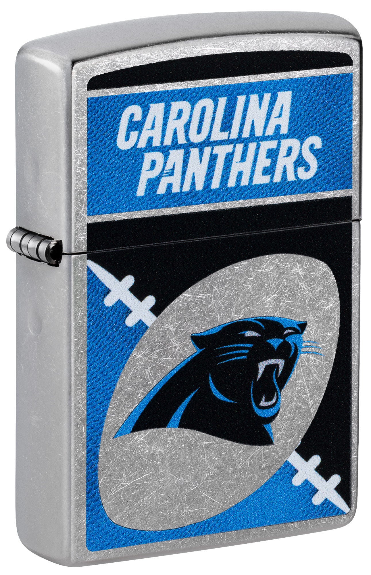 Front shot of Zippo NFL Carolina Panthers Street Chrome Windproof Lighter standing at a 3/4 angle.