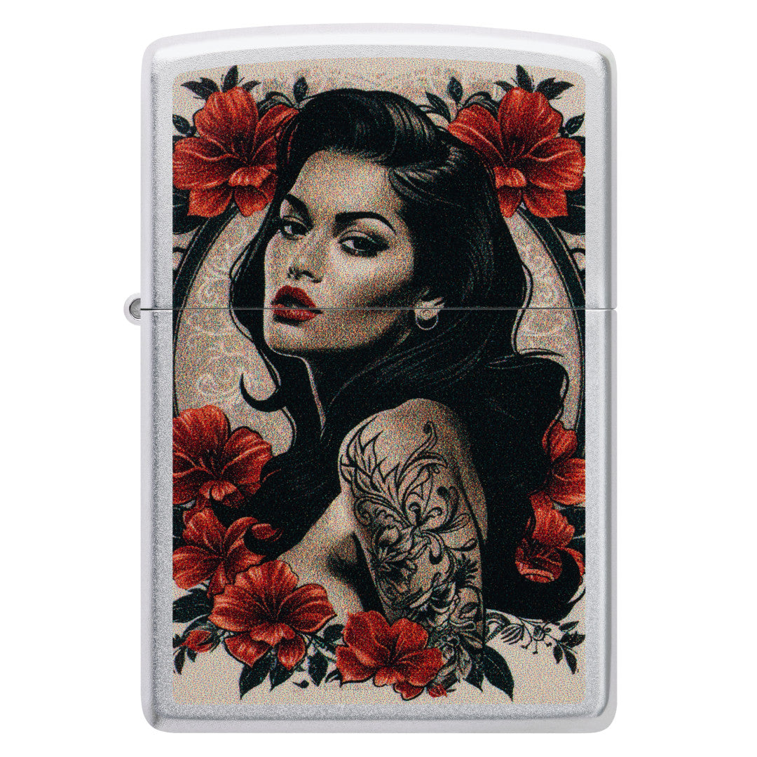 Front view of Zippo Pinup Tattoo Design Satin Chrome Windproof Lighter.