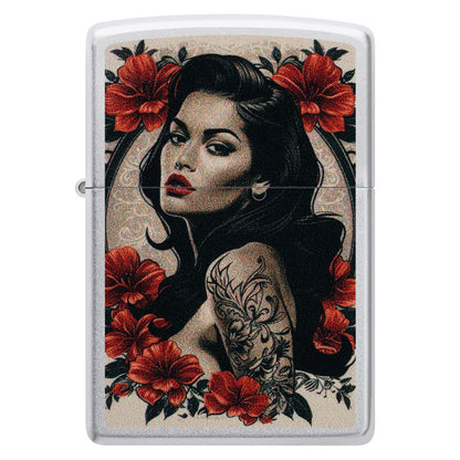 Front view of Zippo Pinup Tattoo Design Satin Chrome Windproof Lighter.