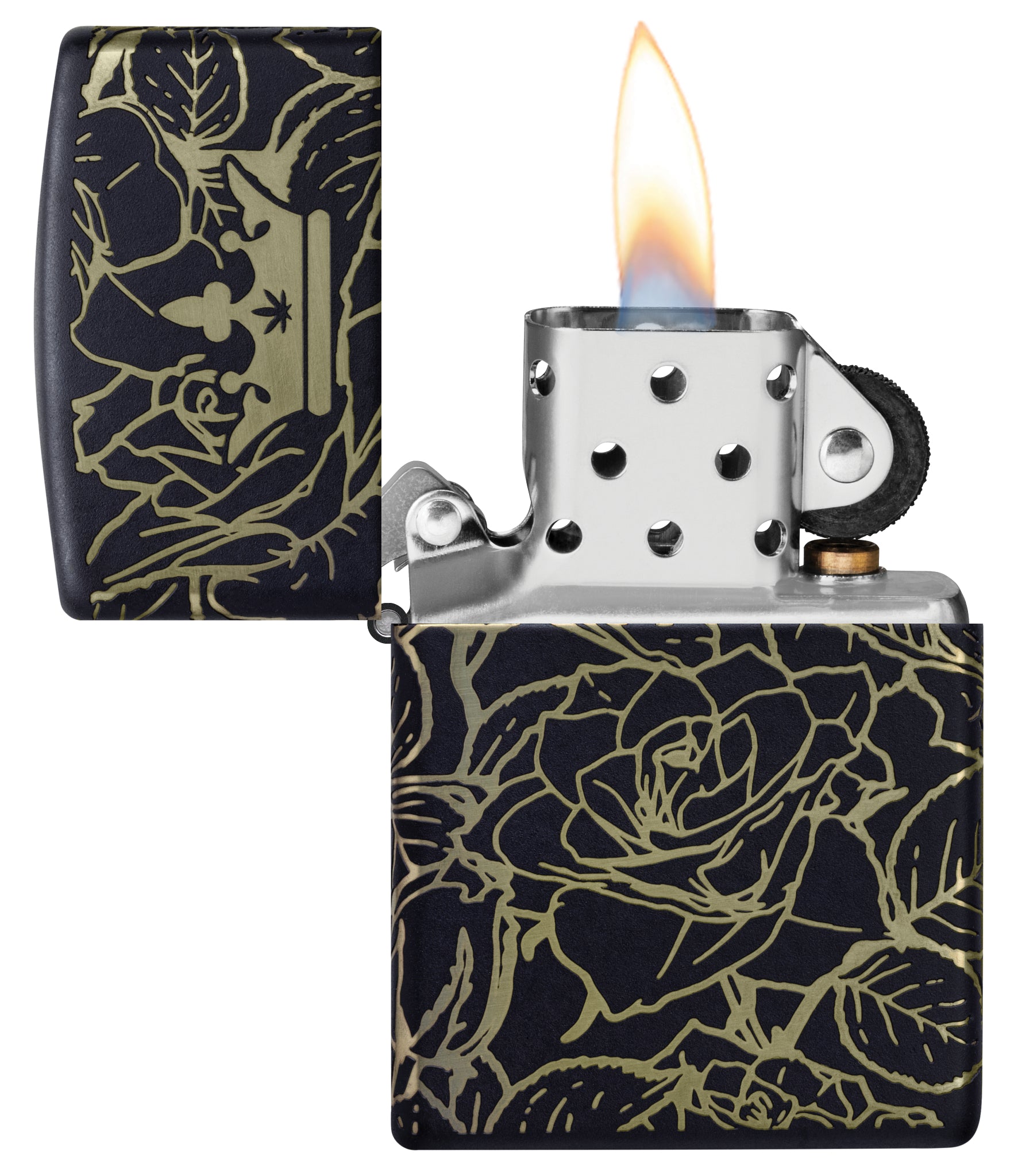 Zippo Queen of Bud 360° Roses Design Black Matte Windproof Lighter with its lid open and lit.