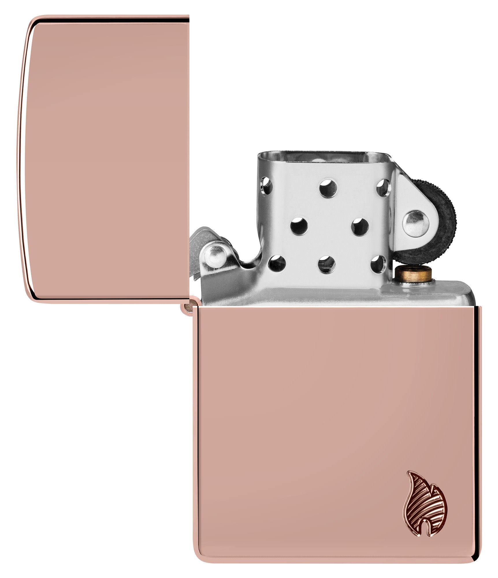 Zippo Armor® Series Flame High Polish Rose Gold Windproof Lighter with its lid open and unlit.