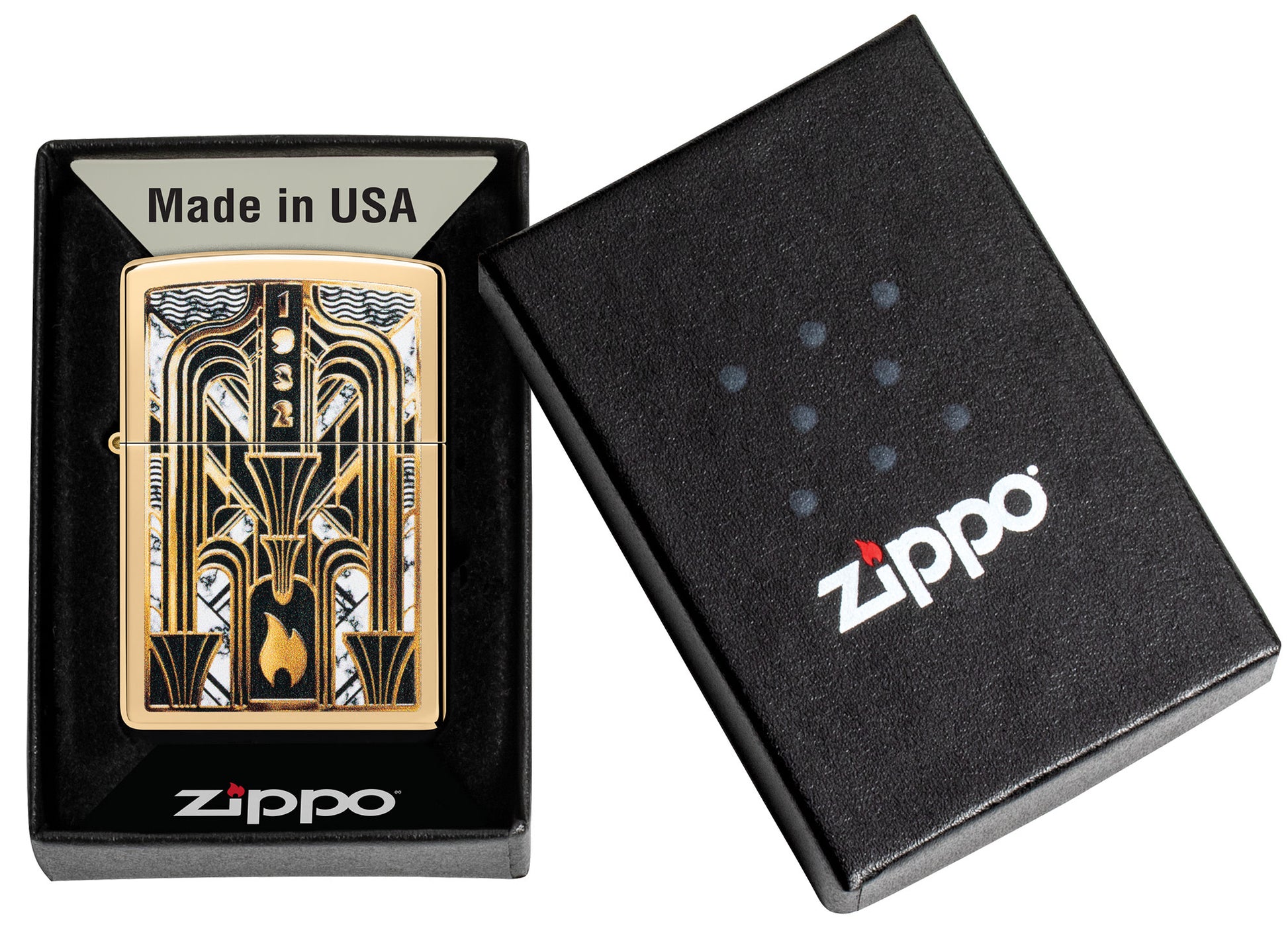 Zippo Art Deco Flame Design High Polish Brass Windproof Lighter in its packaging.