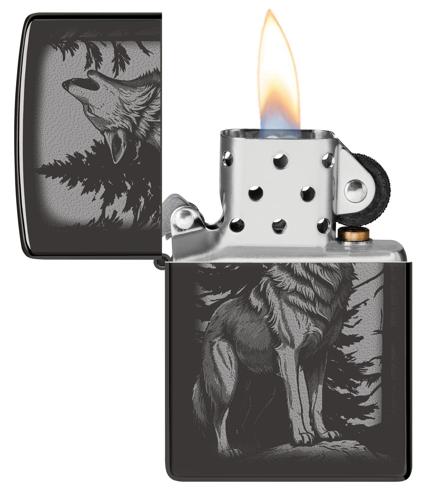 Zippo Howling Wolf Design High Polish Black Windproof Lighter with its lid open and lit.