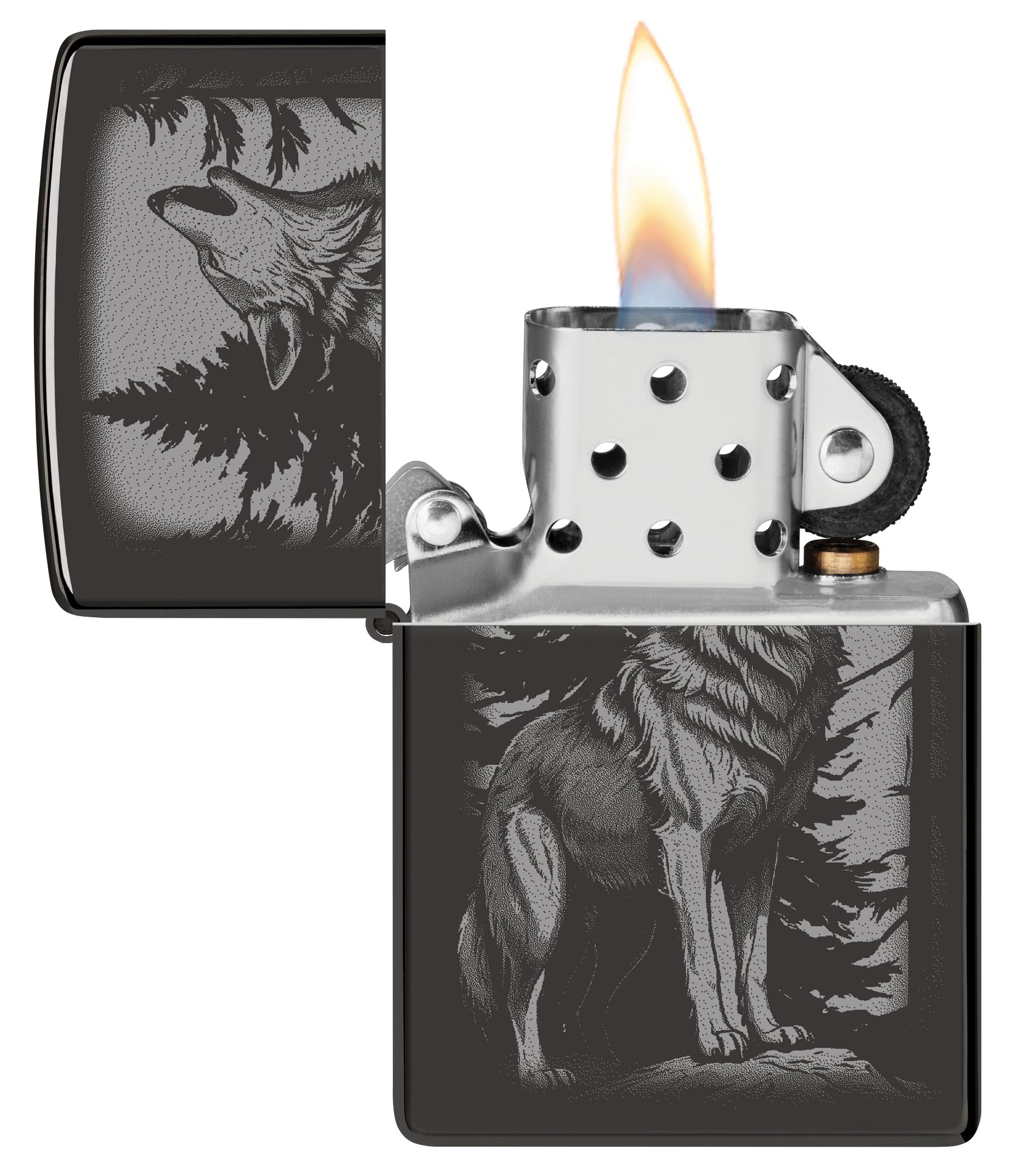 Zippo Howling Wolf Design High Polish Black Windproof Lighter with its lid open and lit.