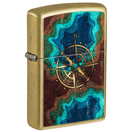 Front shot of Zippo Topo Compass Design Street Brass Windproof Lighter standing at a 3/4 angle.