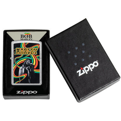 Zippo Bob Marley Waves Design Street Chrome Windproof Lighter in its packaging.