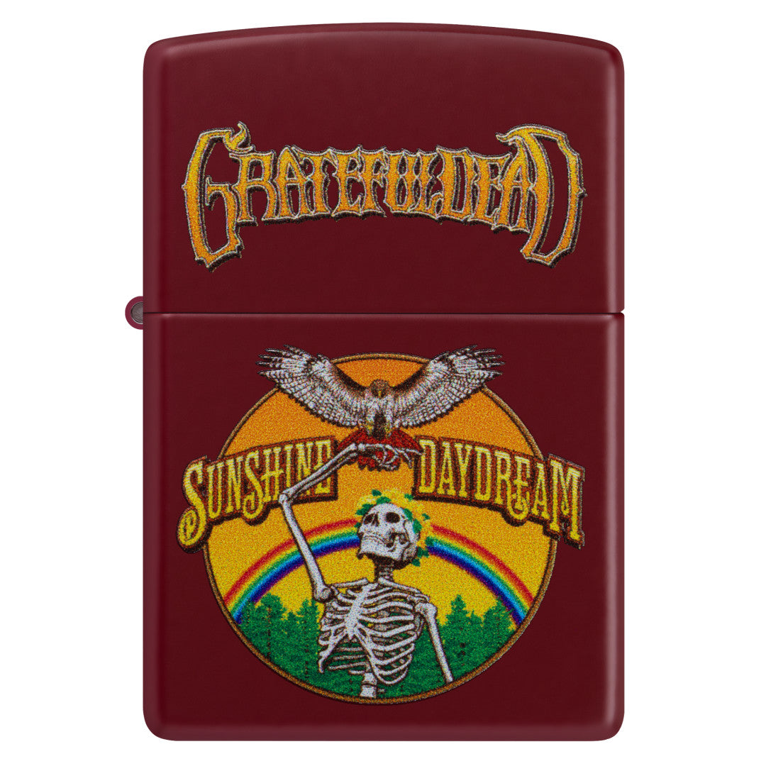 Front view of Zippo Grateful Dead Sunshine Daydream Design Merlot Windproof Lighter.