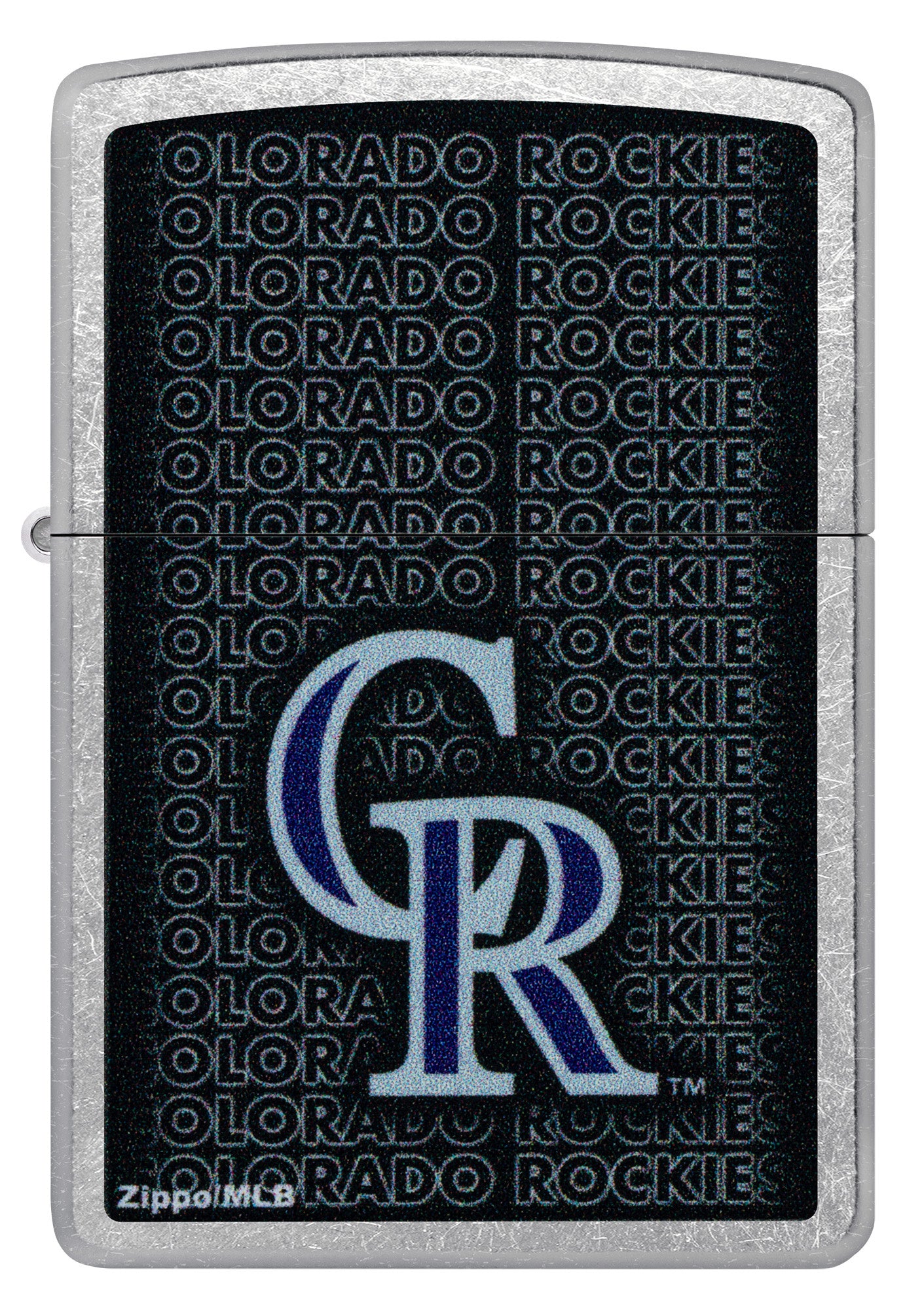 Front view of Zippo MLB® Colorado Rockies Street Chrome Windproof Lighter.