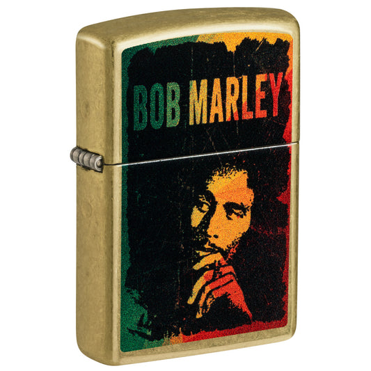 Front shot of Zippo Bob Marley Portrait Design Street Brass Windproof Lighter standing at a 3/4 angle.