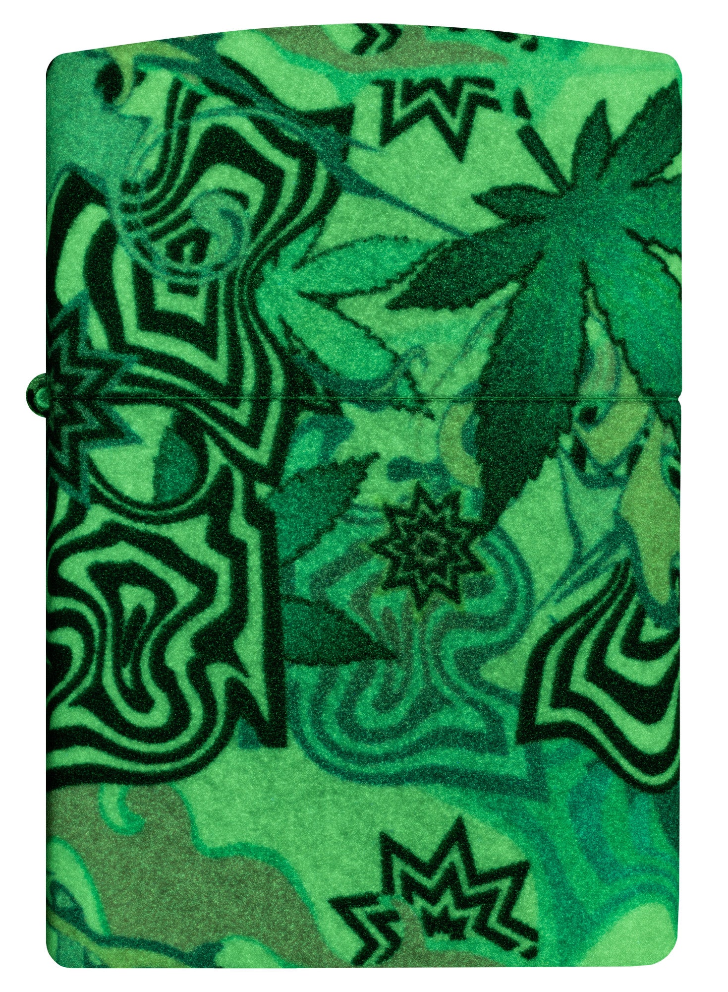 Front view of Zippo Abstract Cannabis Design Glow in the Dark Windproof Lighter glowing in the dark.