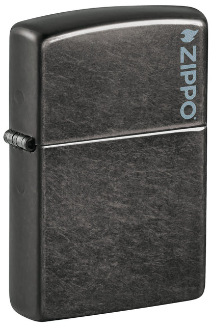 Front shot of Zippo Classic Grey Zippo Logo Windproof Lighter standing at a 3/4 angle.