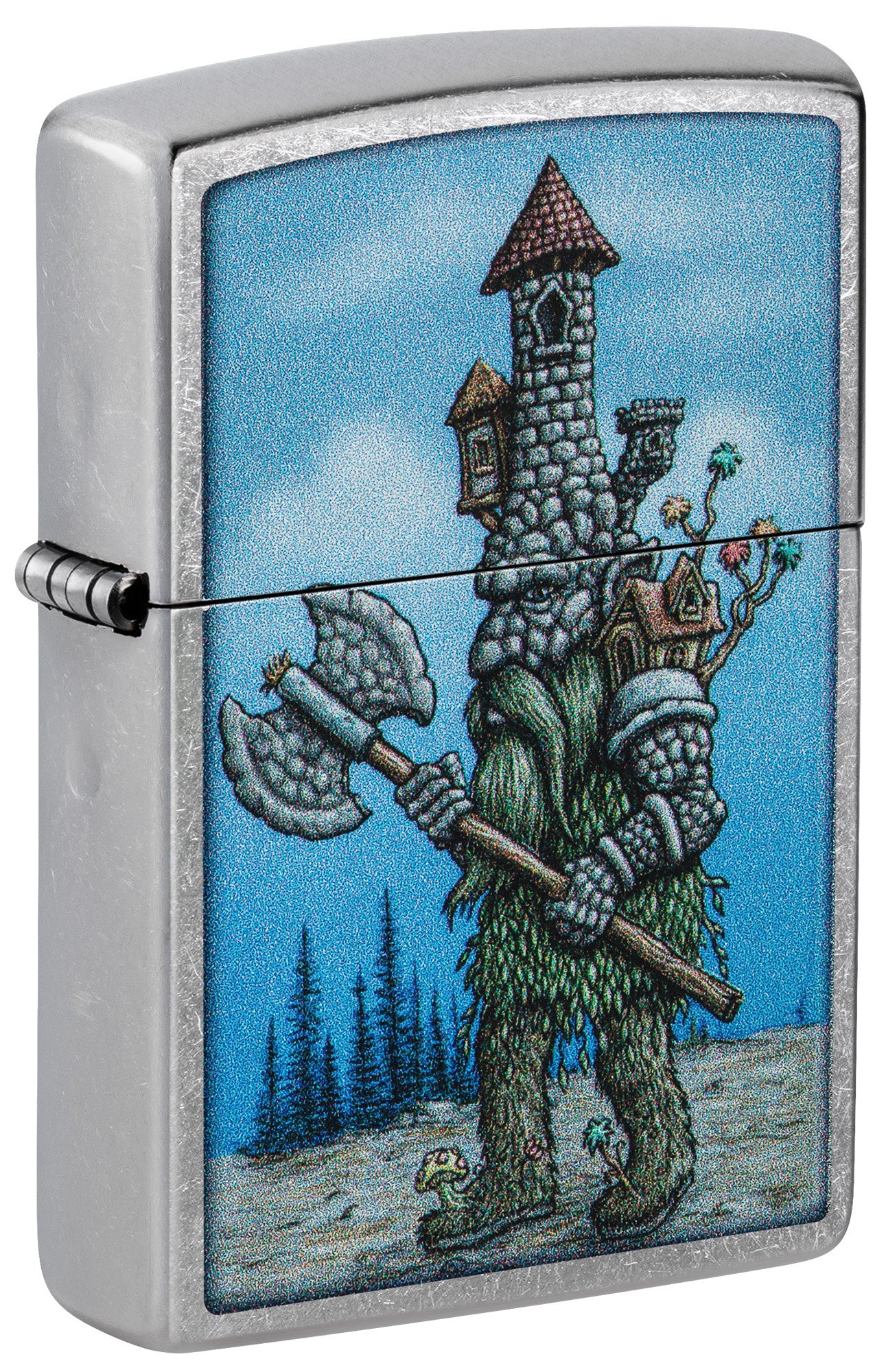 Front shot of Zippo Castle Troll Design Street Chrome Windproof Lighter standing at a 3/4 angle.