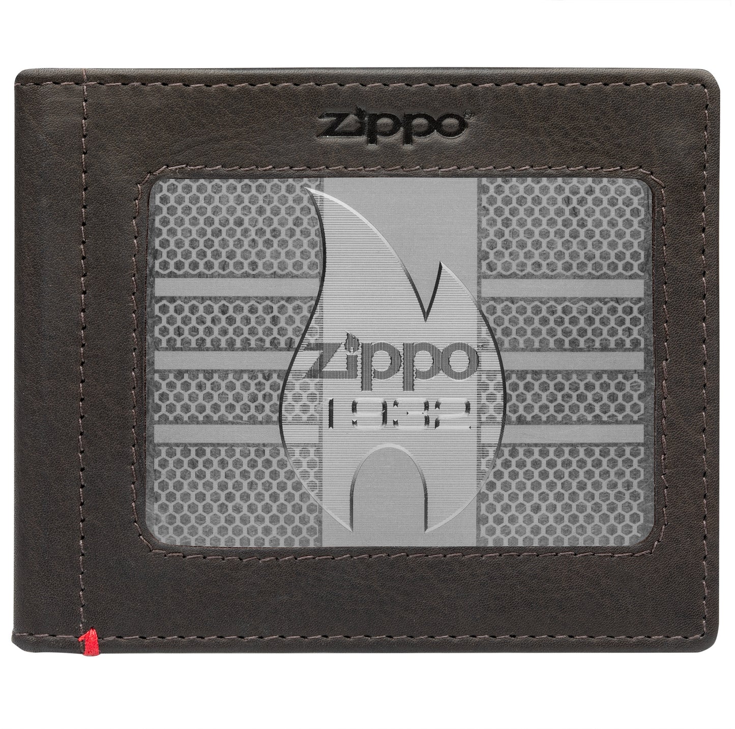 Front of mocha Leather Wallet With Zippo 1932 Metal Plate - ID Window