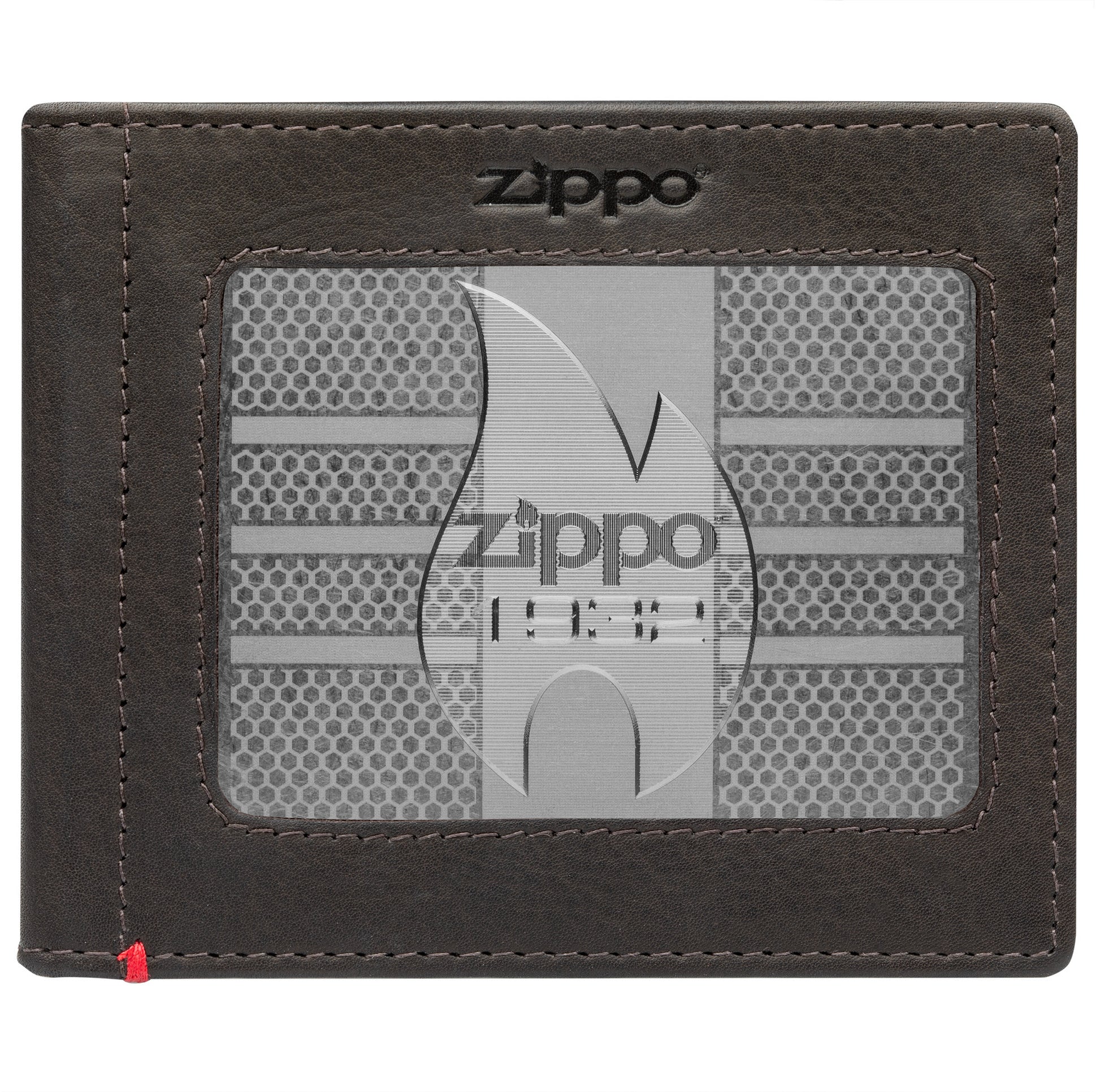 Front of mocha Leather Wallet With Zippo 1932 Metal Plate - ID Window