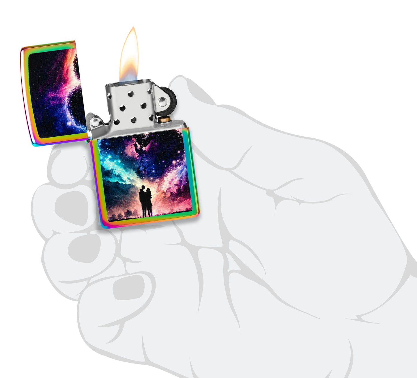 Zippo Cosmic Love Design Multi Color Windproof Lighter lit in hand.