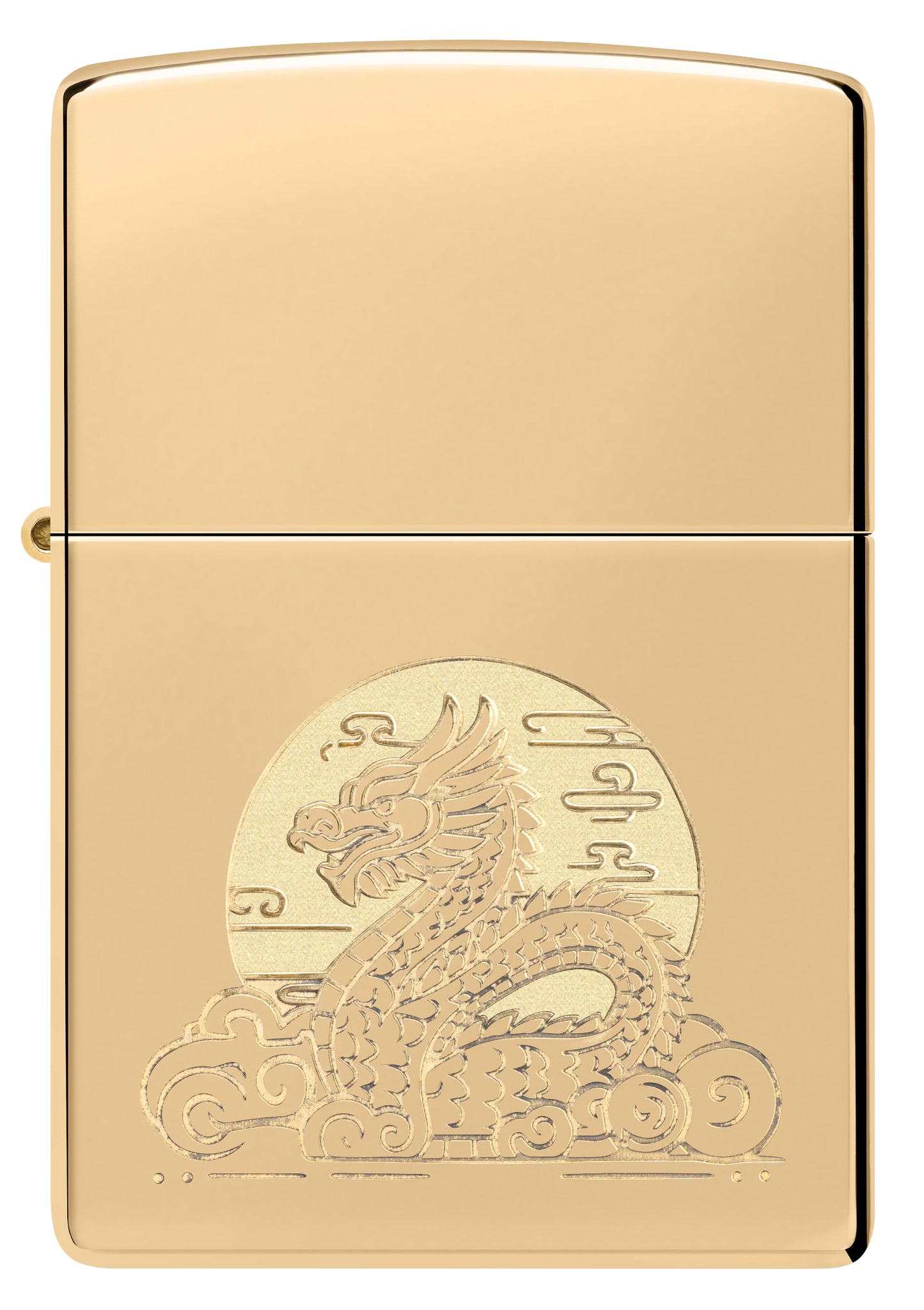 Front view of Zippo Moon Dragon Design High Polish Brass Windproof Lighter.