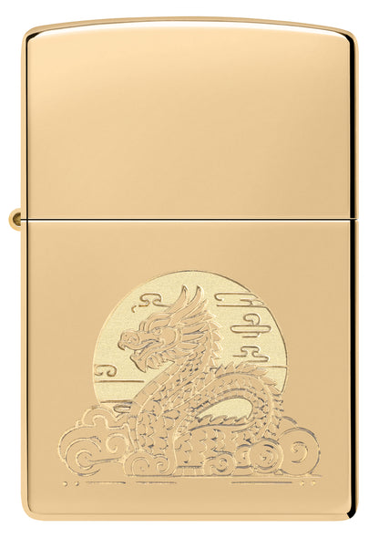 Front view of Zippo Moon Dragon Design High Polish Brass Windproof Lighter.