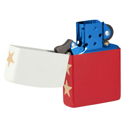 Front shot of Zippo 250th Anniversary Special Edition White and Red Matte Windproof Lighter with its lid open standing at a 3/4 angle.