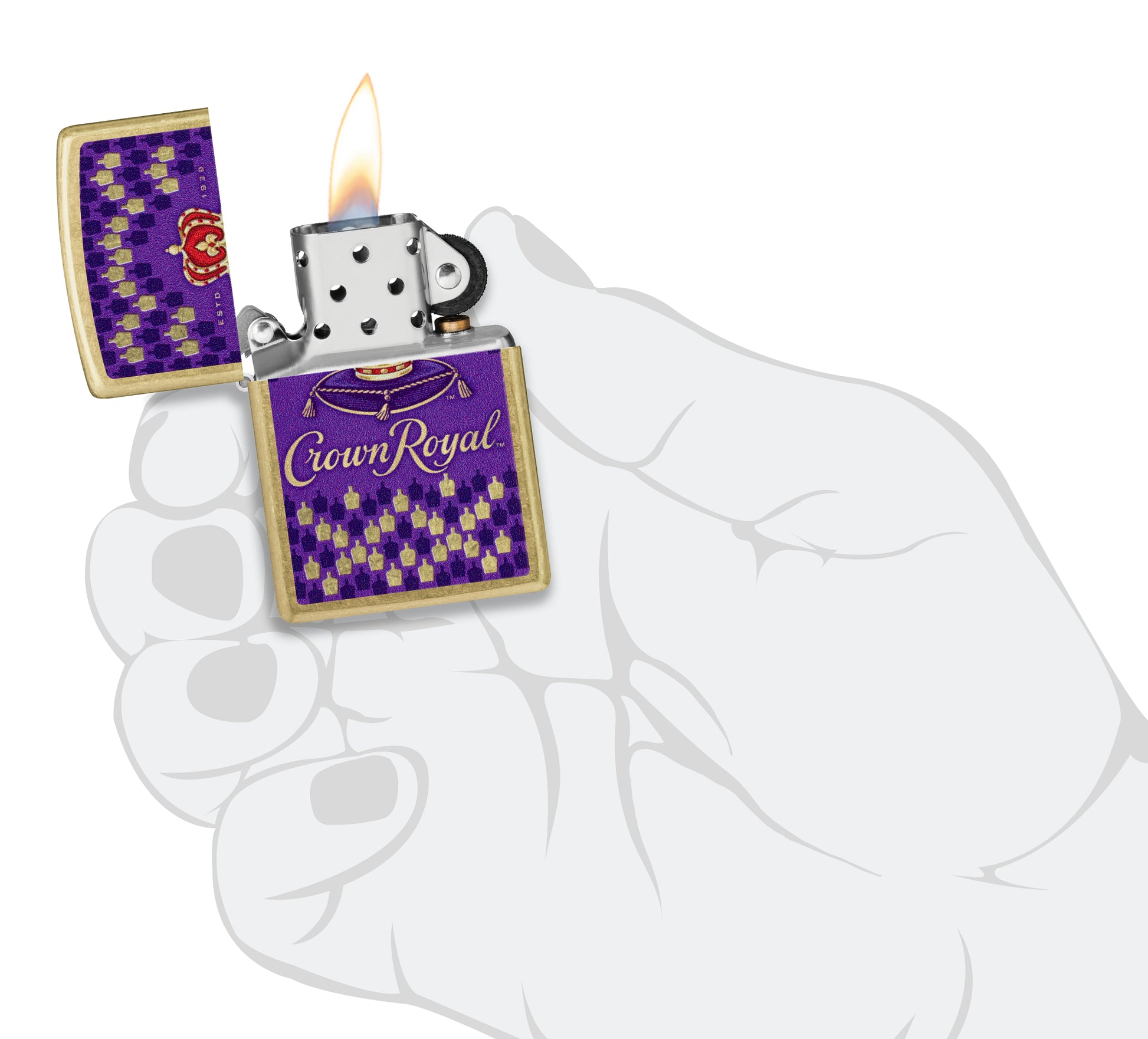Zippo Crown Royal® Bottle Design Street Brass Windproof Lighter lit in hand.