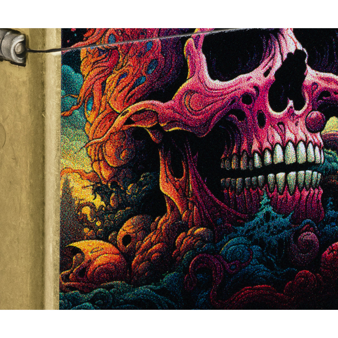 Front view of Zippo Cosmic Skull Design Street Brass Windproof Lighter close up to show the detail of the lighter.