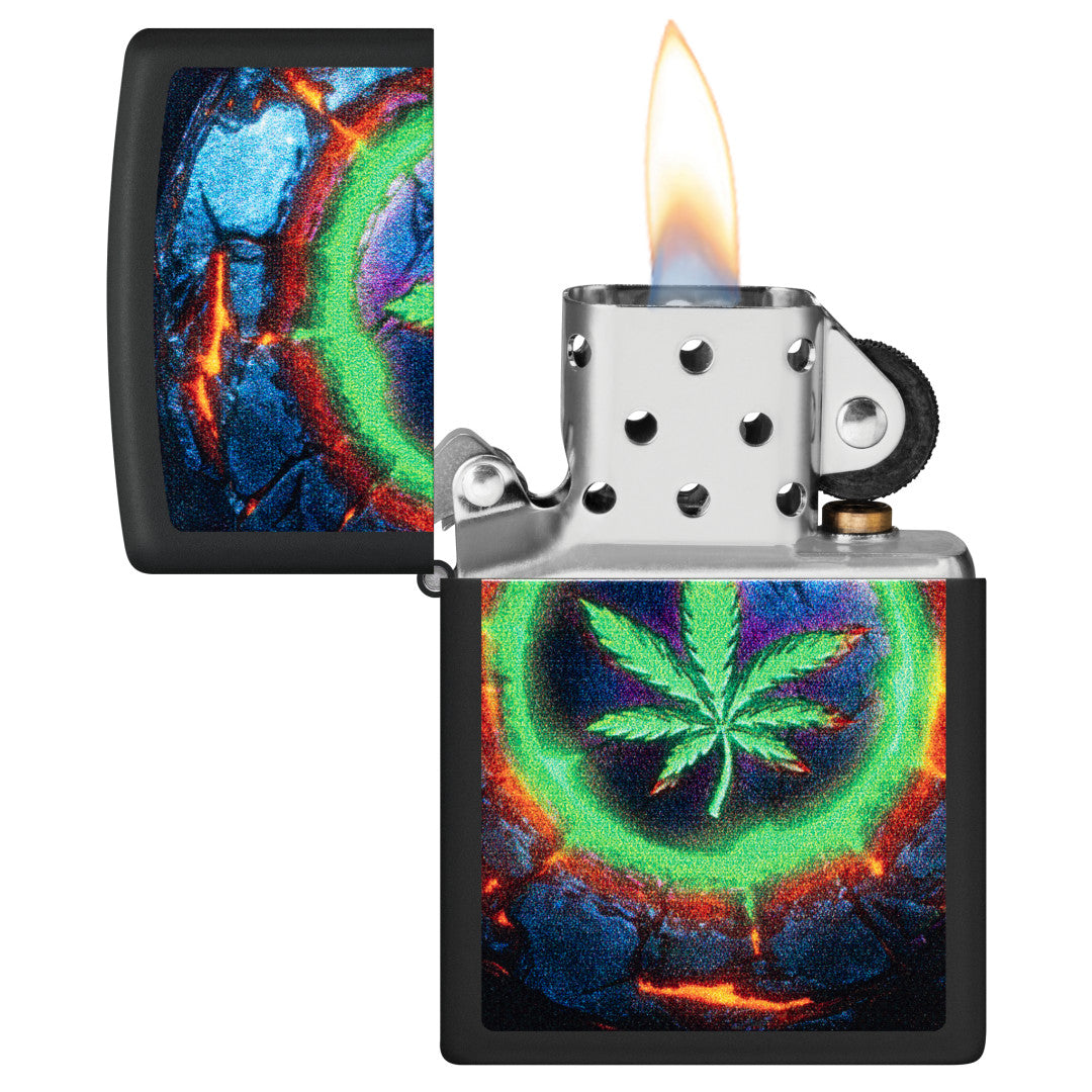 Zippo Lava Leaf Design Black Matte Windproof Lighter with its lid open and lit.