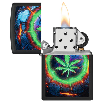 Zippo Lava Leaf Design Black Matte Windproof Lighter with its lid open and lit.