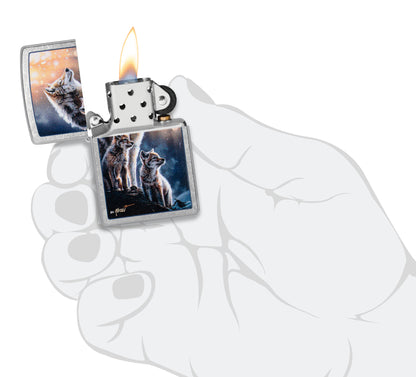 Zippo Mazzi® Wolf Pack Design Street Chrome Windproof Lighter lit in hand.