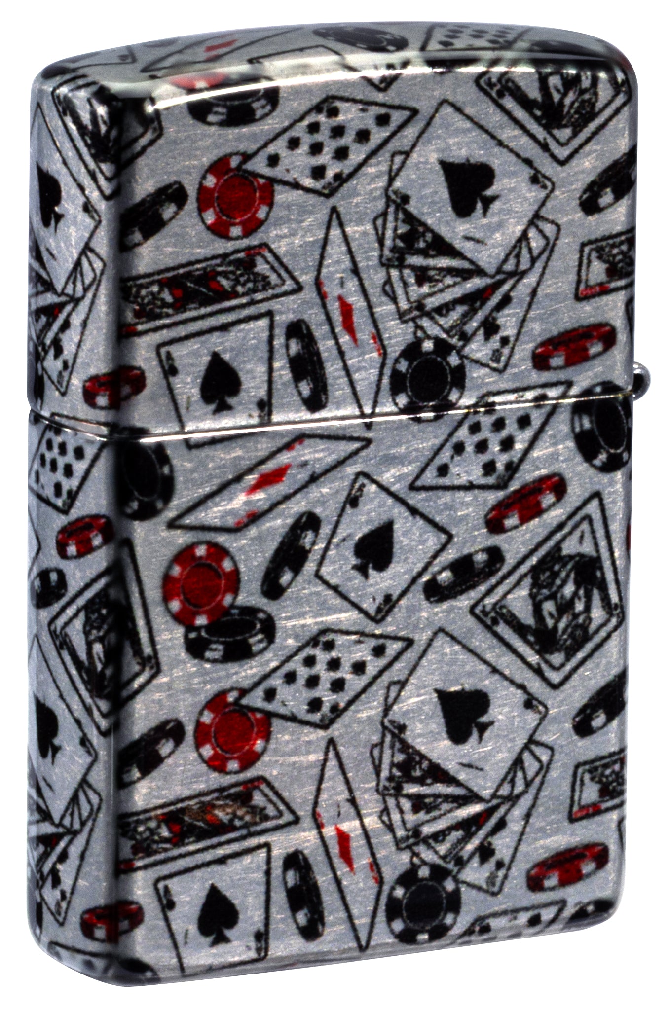 Back view of Zippo Let the Chips Fall Design 540 Tumbled Chrome Windproof Lighter standing at a 3/4 angle.