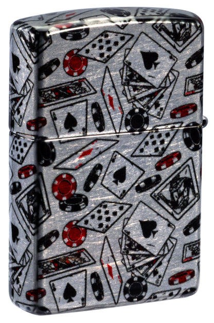 Back view of Zippo Let the Chips Fall Design 540 Tumbled Chrome Windproof Lighter standing at a 3/4 angle.