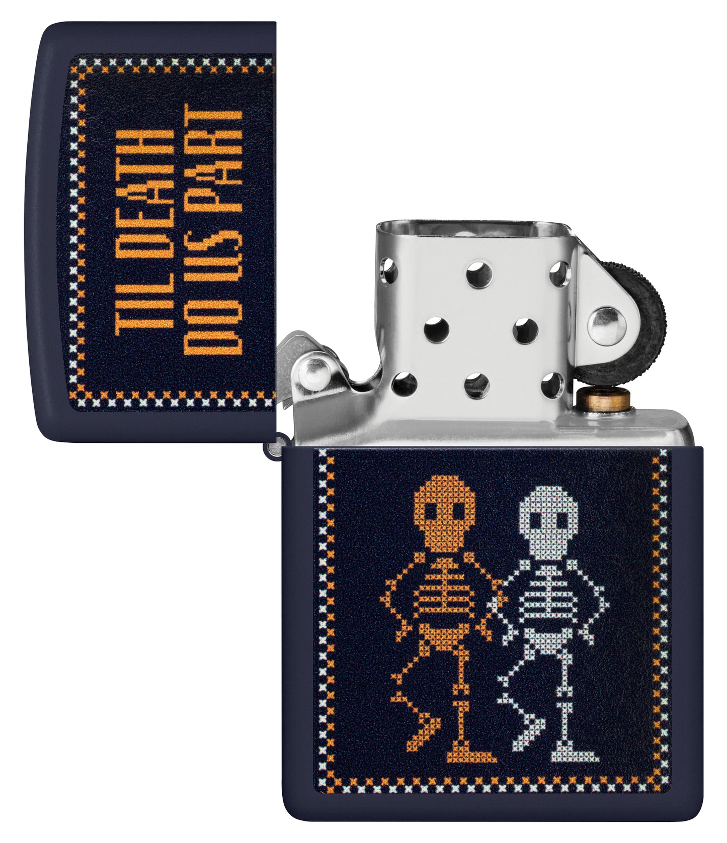 Zippo Til Death Do Us Part Design Navy Matte Windproof Lighter with its lid open and unlit.