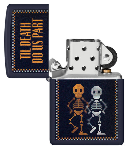 Zippo Til Death Do Us Part Design Navy Matte Windproof Lighter with its lid open and unlit.