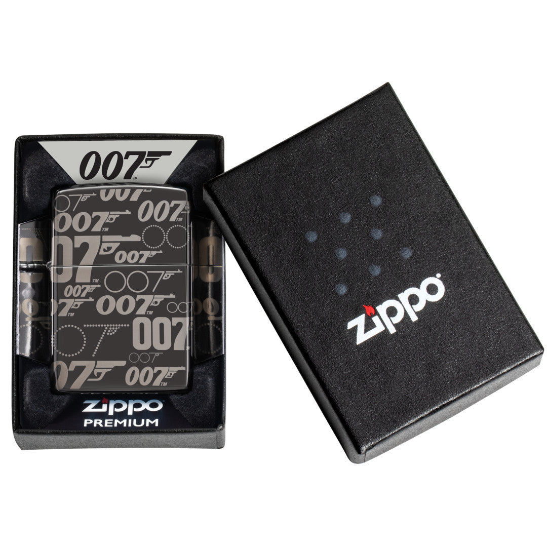 Zippo James Bond 007™ Logo Design High Polish Black Windproof Lighter in its packaging.