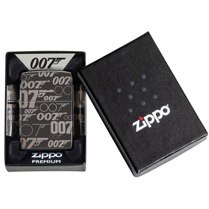 Zippo James Bond 007™ Logo Design High Polish Black Windproof Lighter in its packaging.