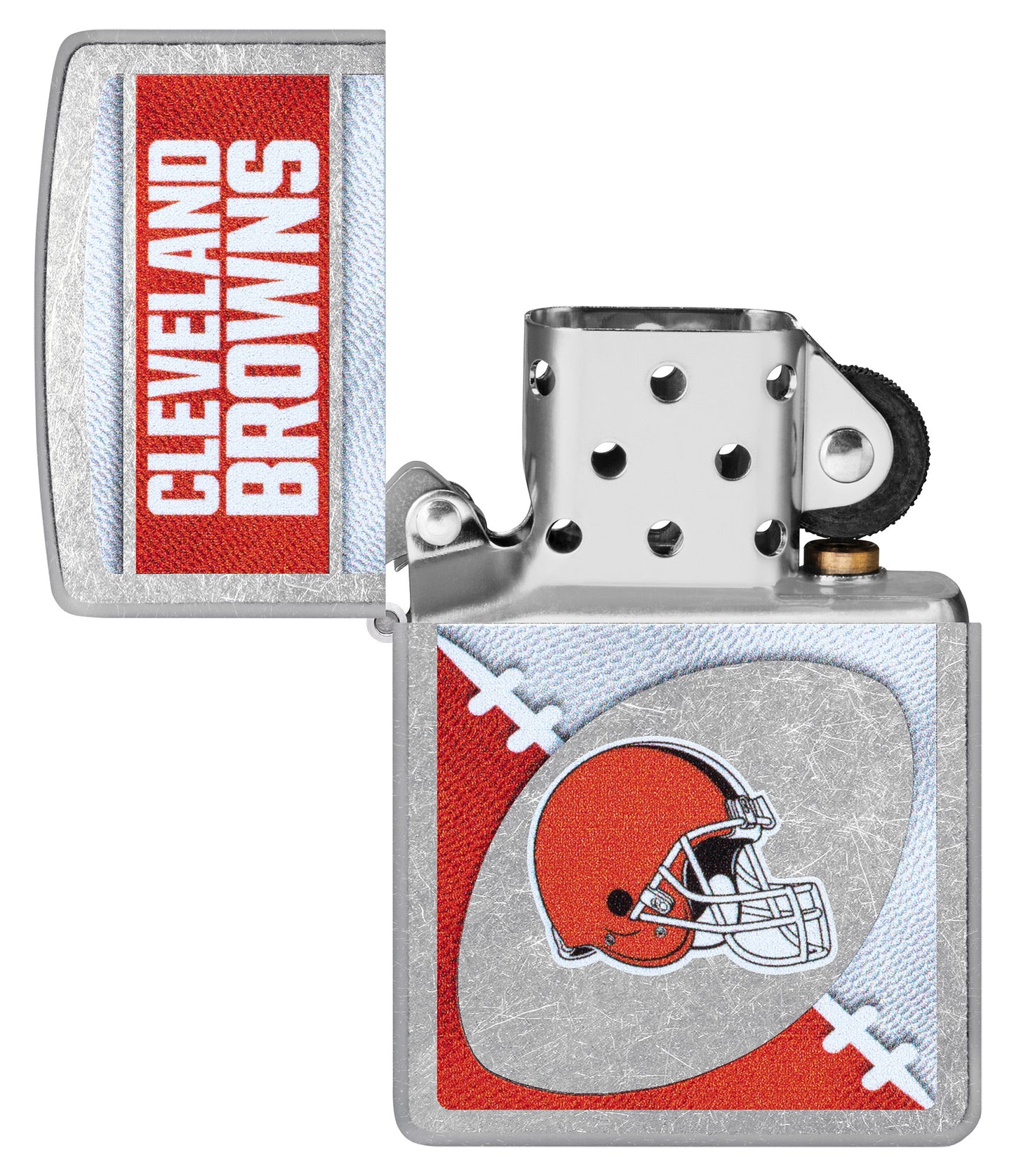 Zippo NFL Cleveland Browns Street Chrome Windproof Lighter with its lid open and unlit.