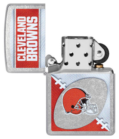 Zippo NFL Cleveland Browns Street Chrome Windproof Lighter with its lid open and unlit.