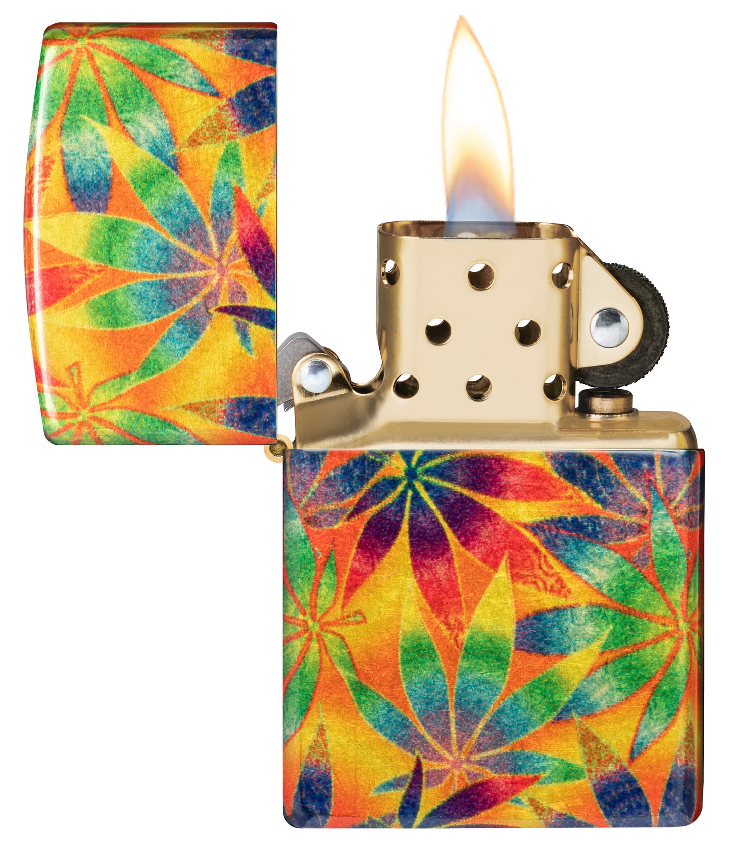 Zippo Cannabis Design 540 Tumbled Brass Windproof Lighter with its lid open and lit.