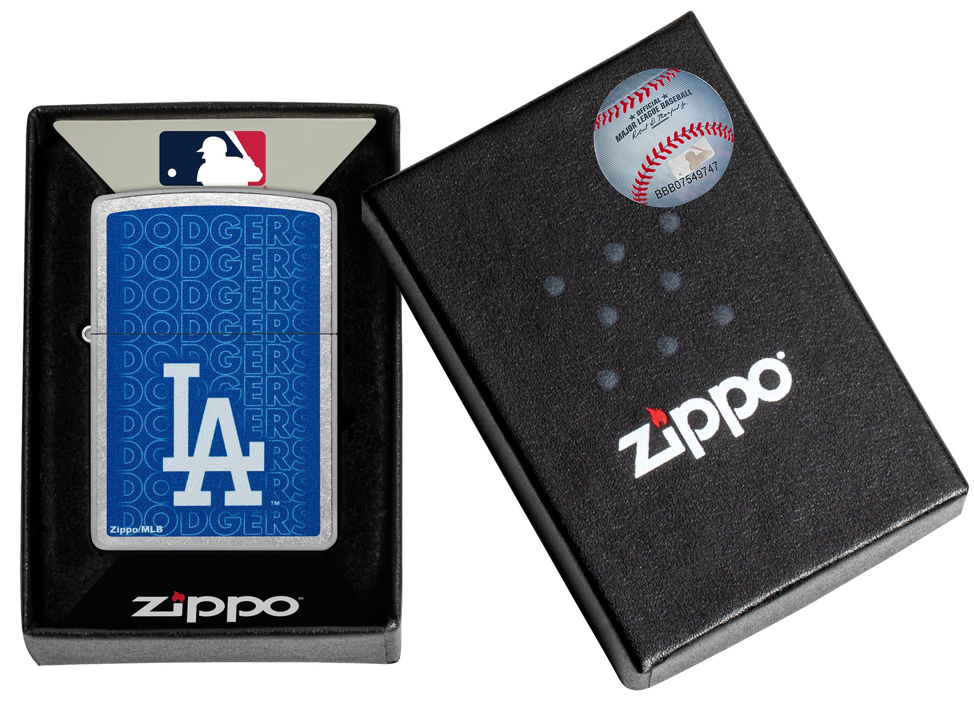 Zippo MLB® Los Angeles Dodgers Street Chrome Windproof Lighter in its packaging.