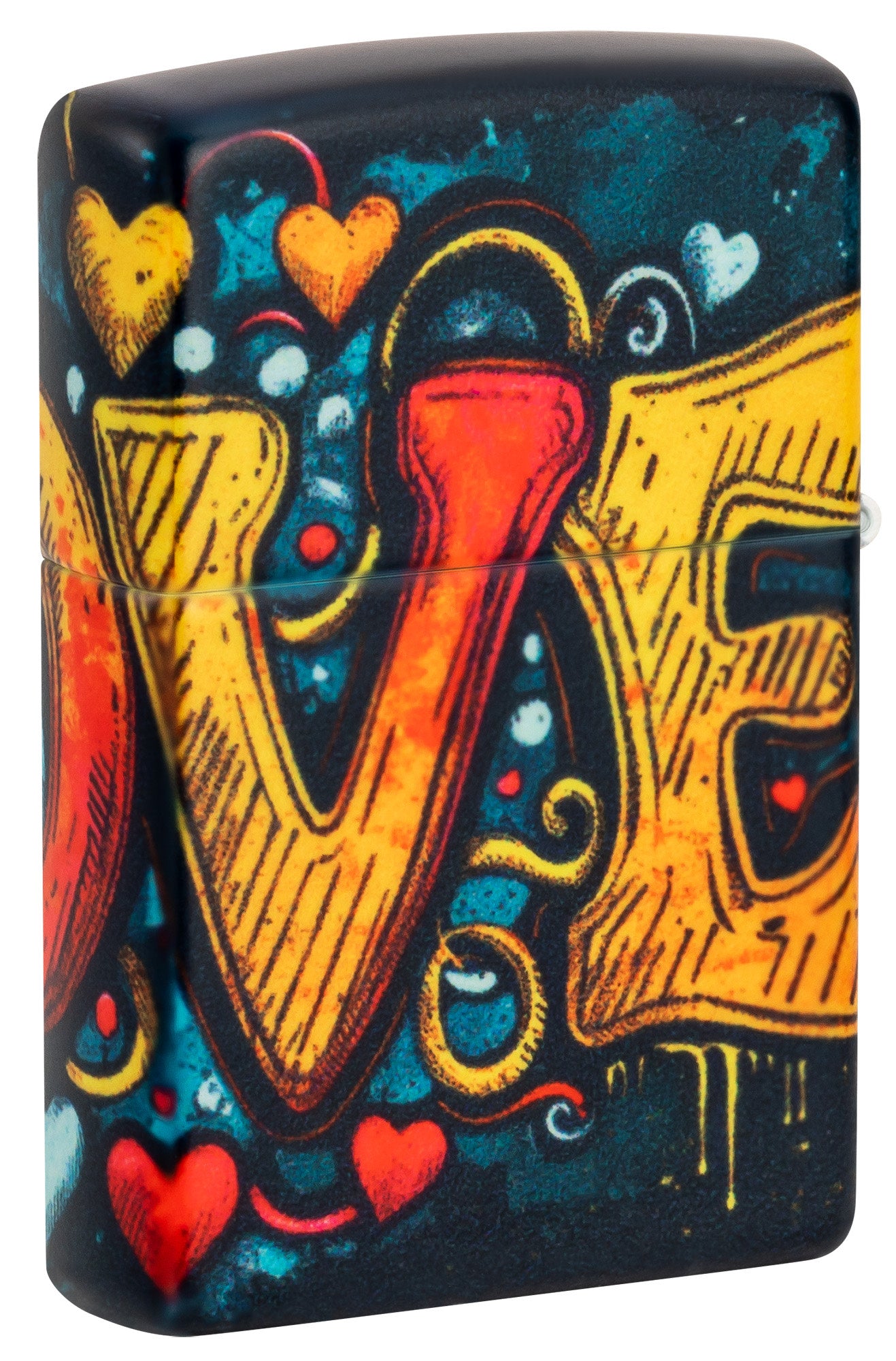 Back shot of Zippo Love Mural Design 540 Matte Windproof Lighter standing at a 3/4 angle.