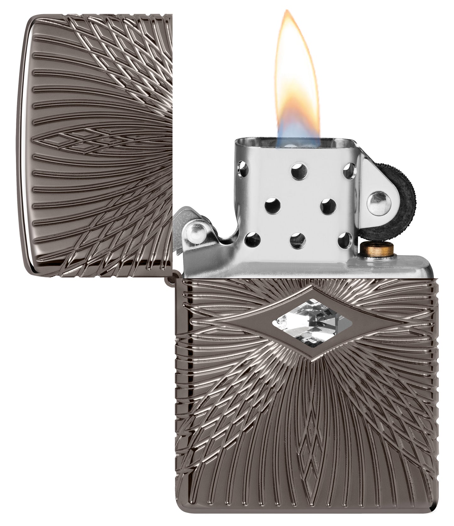 Zippo Pattern Armor Black Ice Windproof Lighter lit in hand.